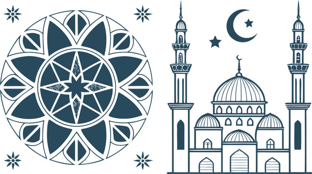 Islamic geometric mandala and mosque minarets islamic geometric patterns