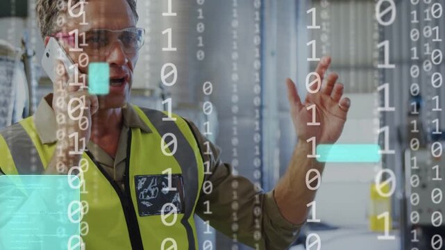 Plant operator speaking on phone and gesturing, phone call initiating teal AR panels for operations