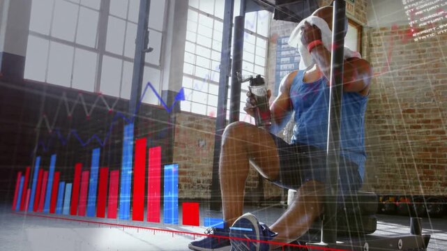 Mature man resting sets in fitness loft sipping shaker, animated charts tracking his metrics