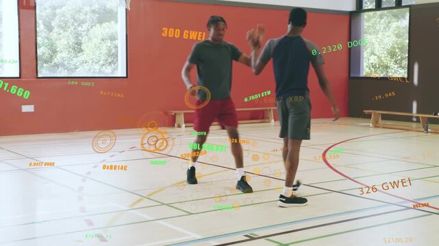 Right guard dribbling, five players rotating and passing while crypto tags tracking ball for shot