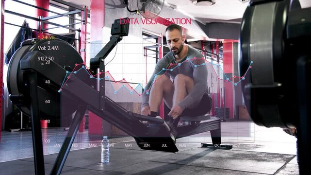 Gym user adjusting foot straps and rowing on rower, animated chart overlay tracking fitness data