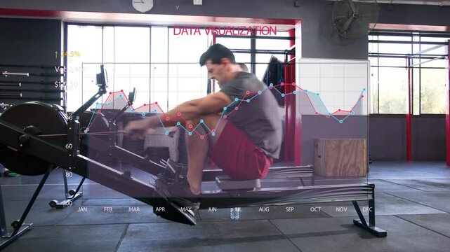 Lead man pulling handle, rowing on erg as partner joins, animated chart overlay tracking fitness