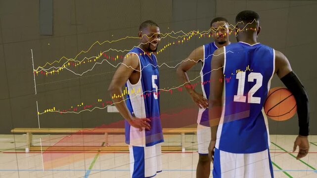 Three players chatting and shifting on court initiating animated stats charts for basketball prep