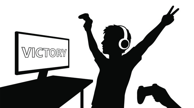 Silhouette of a triumphant gamer celebrating victory with arms raised and a computer screen
