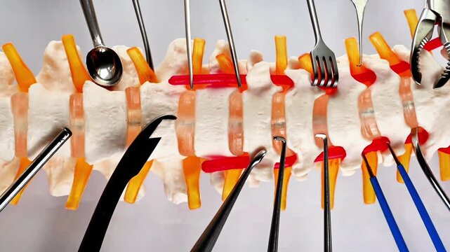 Cervical spinal surgery demonstration on anatomical vertebrae model.Professional cervical medical orthopedic equipment surrounding human spine replica for healthcare education surgical training