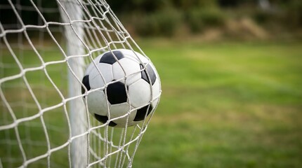 Naklejka premium Soccer ball hitting the net representing goal, success, and victory moment in football game