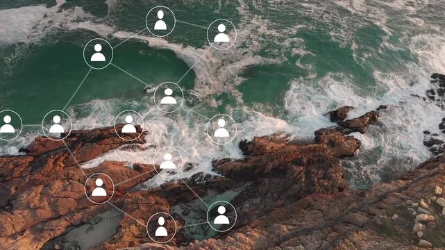 First node appearing lower-left, user icons spreading, connecting over aerial coast to map network