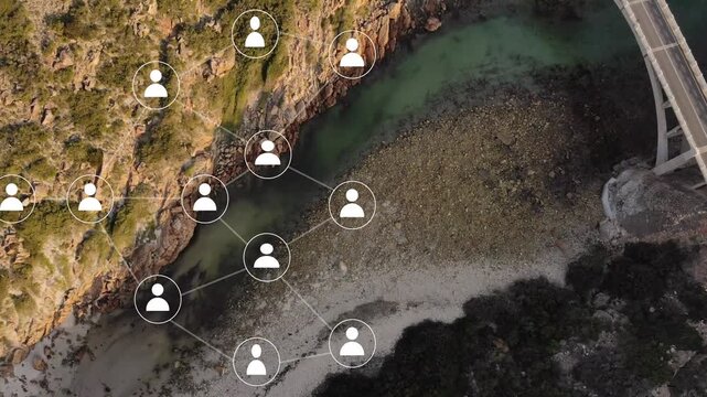 Network overlay appearing near cliff, filling avatar nodes and linking across coast, community map