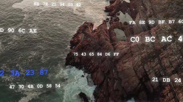 Drone starting scan, rock showing white-blue codes, waves crashing, camera drifting for mapping