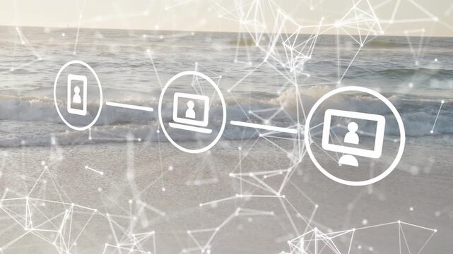Particles forming, sparking devices appearing left to right, linking and showing network over beach