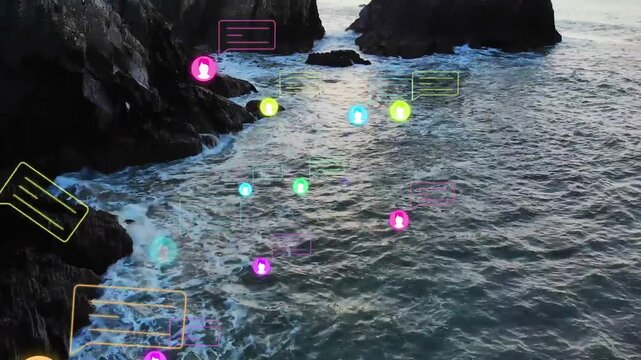 Camera pulling back as waves breaking, colored avatar icons drifting outward and showing messages