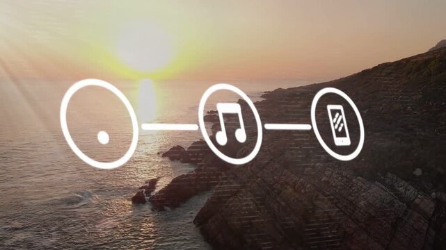 Sun flare starting rings expanding to linked signal music phone icons holding center showing link