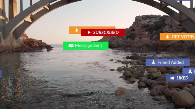 After pause badges popping over arch bridge inlet growing floating then fading showing engagement