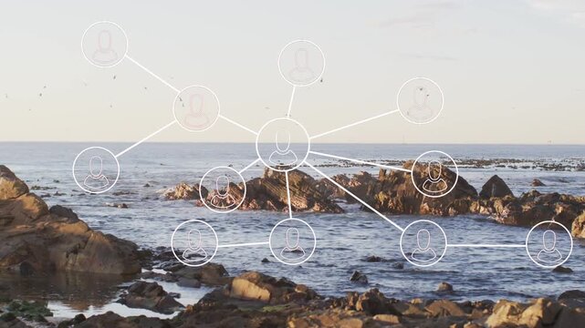 Net overlay fading in nodes growing pulsing hub icons mapping links fading out revealing coast