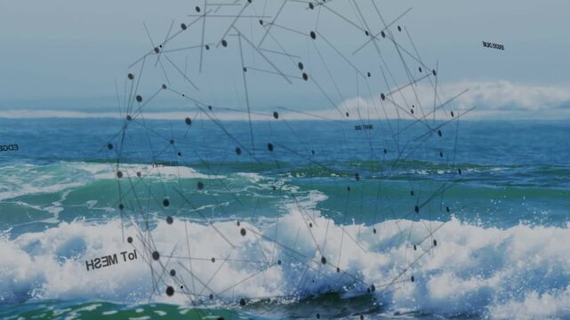 Male surfer holding on board facing waves, data stream initiating IoT mesh forming around surfer