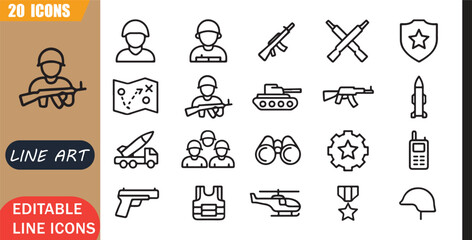 Isolated military army icons set, 20 editable line art icons set, soldier weapon defense strategy mission war combat force, military defense tools, minimal clean outline vector © MD.Kawsar Hossan