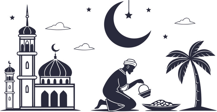 Islamic nighttime ramadan prayer scene with mosque and lantern