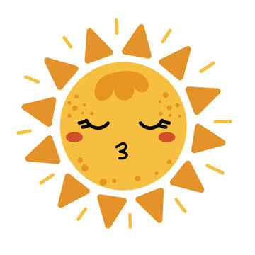 Cute sleepy sun with closed eyes and puckered lips in flat vector style. Warm yellow tones with soft rays, perfect for kids design, bedtime themes, and gentle weather illustrations.