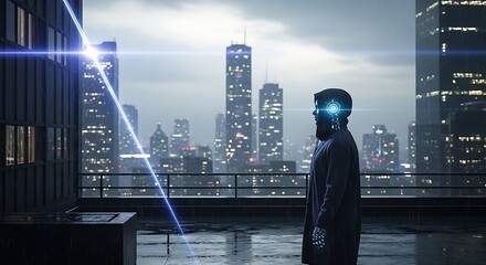 Fototapeta premium Futuristic Humanoid Figure Standing on Rainy Rooftop Overlooking City Skyline