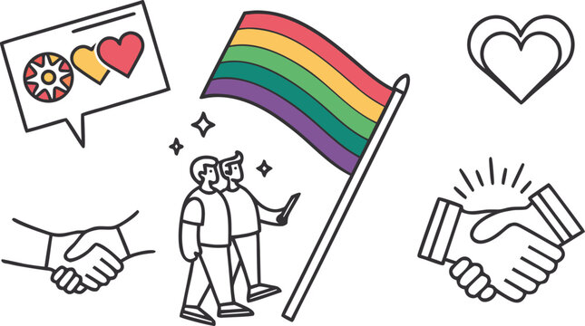 Minimalist pride symbols and handshake with rainbow flag