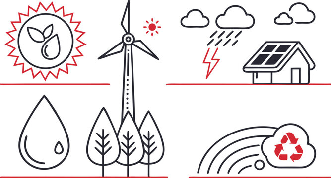 Minimalist climate and sustainability wind, sun, rain, solar, recycling, trees