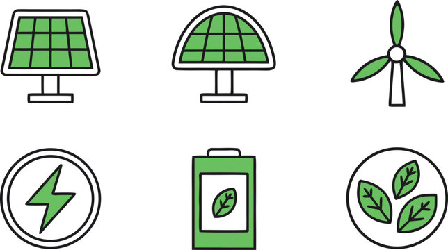 Symbolic green energy solar panels, wind turbines, battery, leaf, electric charge
