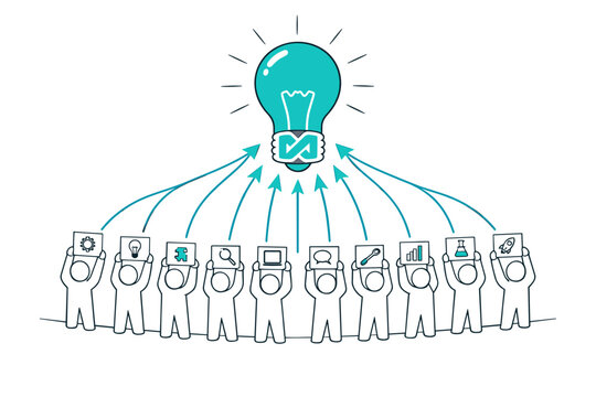 Crowdsourcing and open innovation concept depicting a central idea bulb
