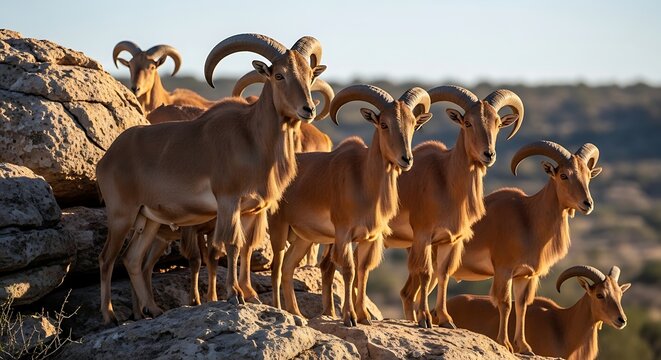 Alert Barbary Sheep Herd Standing on Rocky Hillside in Warm Evening Light