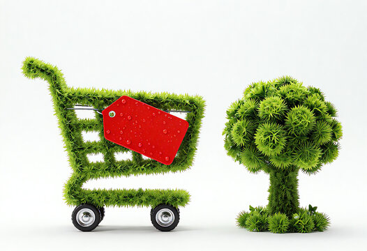two living sculptures on white background: left hedge shaped like shopping cart silhouette with chrome wheel and glossy red price tag.