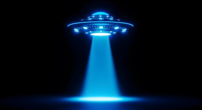 Glowing blue UFO emitting a bright light beam in the dark. Sci fi concept for alien invasion and mysterious space technology.
