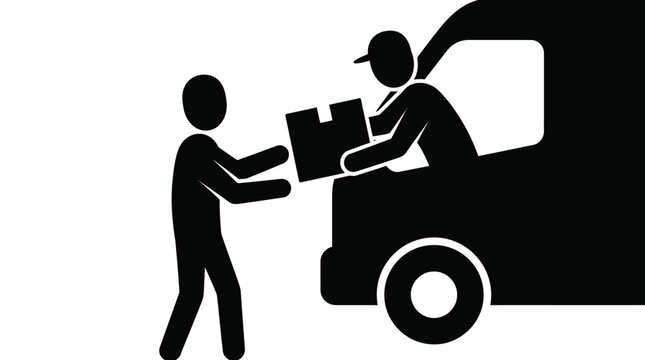 Delivery person handing package to recipient in a simple black silhouette illustration style