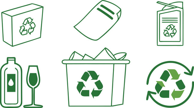 Minimalist green recycling bottle, paper, carton, waste bin, and circular flow