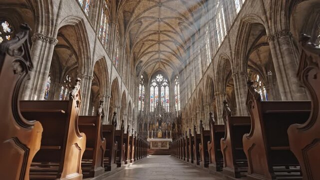 Gothic cathedral interior with vaulted stone arch, wooden pew aisle, stained glass sunbeam, altar, and sacred historic church architecture in quiet dramatic light