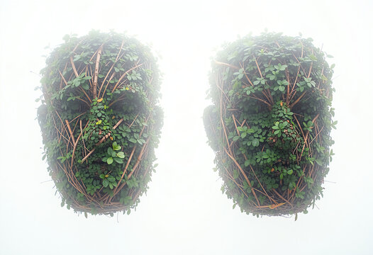 Symmetrical topiary silhouettes of faces made of twigs and dense foliage, visible bark and leaf veins, airy misted white backdrop.