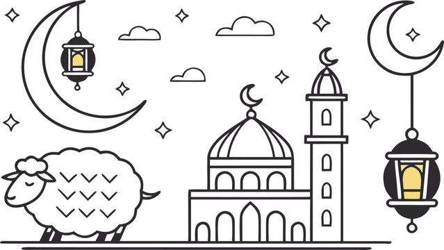 Minimalist eid al-adha set with moon, sheep, and mosque