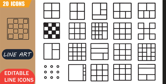 Isolated grid layout icons set, 20 editable line art icons set, block structure system modular pattern design framework ui, layout design ui tools, minimal clean outline vector