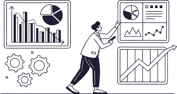 Analyzing business data with interactive charts and mechanical gear metaphors