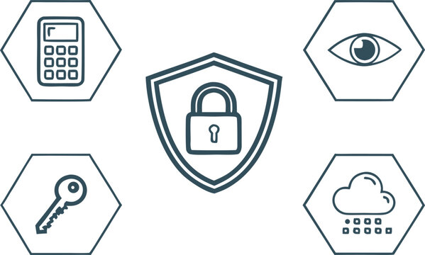 Minimalist cybersecurity with lock, key, surveillance eye, cloud, and security symbols