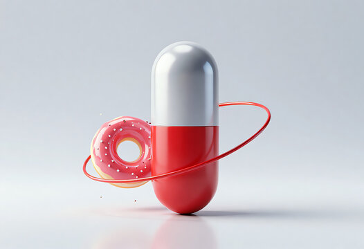 Large vertical pill capsule centered on light gray gradient, lower glossy red upper metallic silver, soft floor reflection, orbiting glazed donut with flying crumbs.