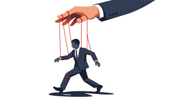Business puppet control and manipulation concept showing a large hand from
