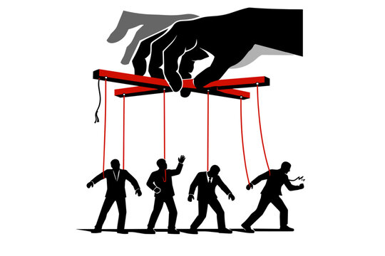 Political puppet master and control concept featuring a large silhouetted