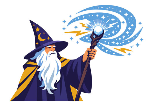 Wizard character and magical power concept with an original long-bearded