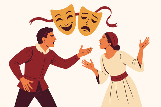 Classical theater and performing arts concept featuring two actors facing