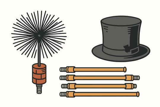 Chimney sweep tools and equipment concept featuring three essential objects