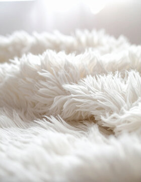 The thick shaggy texture of a white wool blanket is shown in a close up shot with soft lighting.