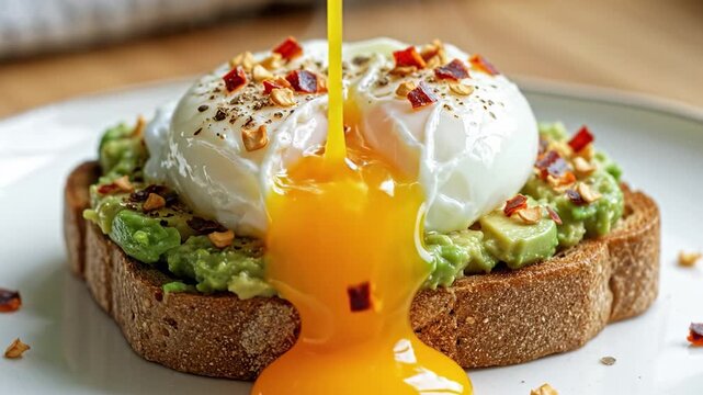 Poached egg toast with avocado spread runny yolk on whole grain bread plate breakfast brunch food chili flakes golden yolk healthy morning meal