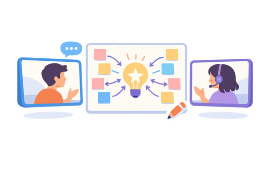 Virtual brainstorming and remote creative collaboration concept showing two