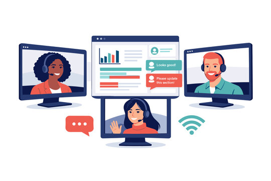 Remote collaboration and distributed team communication concept showing