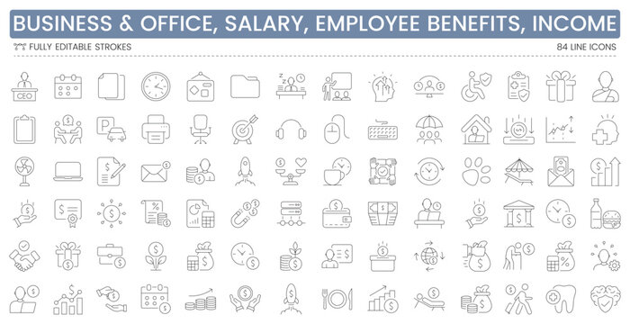Business and office line icon set with salary, employee benefits, finance, income, HR, productivity, management and workplace symbols for web, app UI and corporate design. Editable stroke