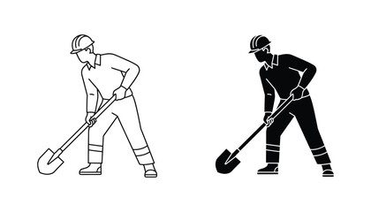 Construction worker digging with shovel icon in professional black line art and solid silhouette for site safety © Visual